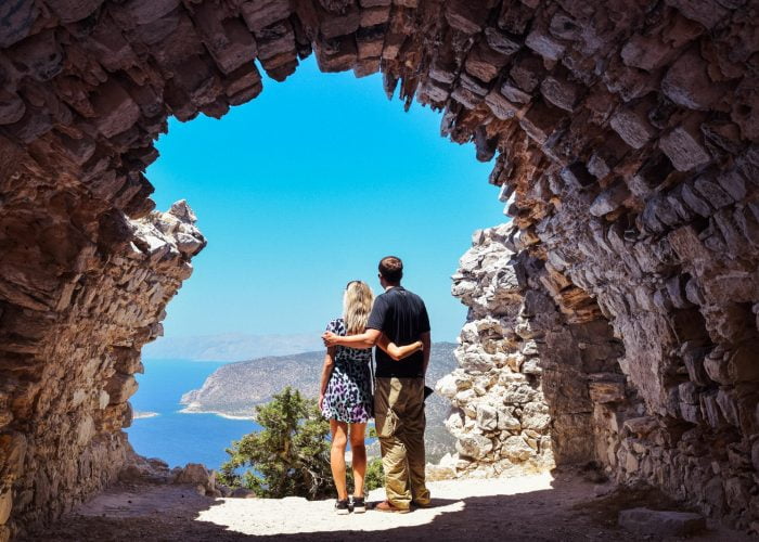watching the amazing view from monolithos castle during private island tour