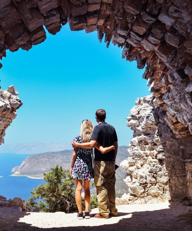 watching the amazing view from monolithos castle during private island tour